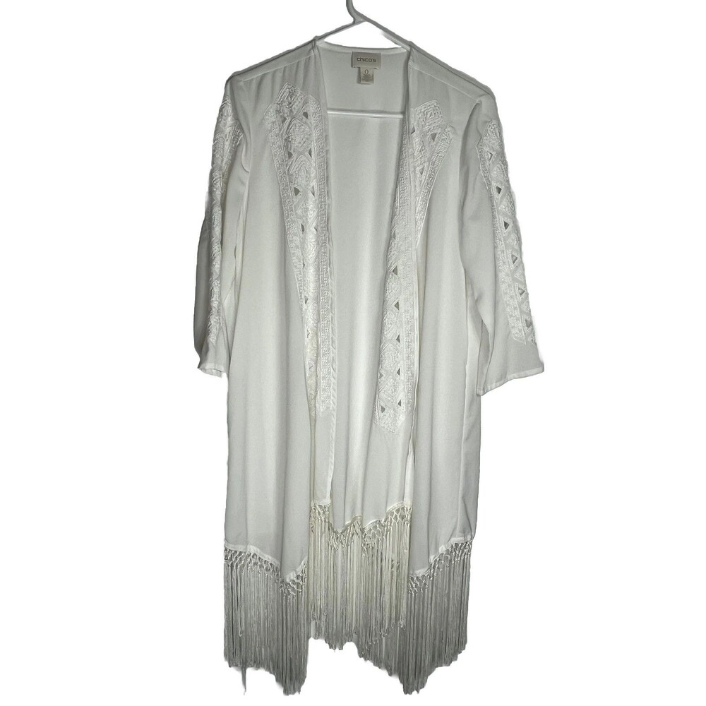 Chico's sz Small 0 Fringe Boho White Sheet Light Jacket Kimono